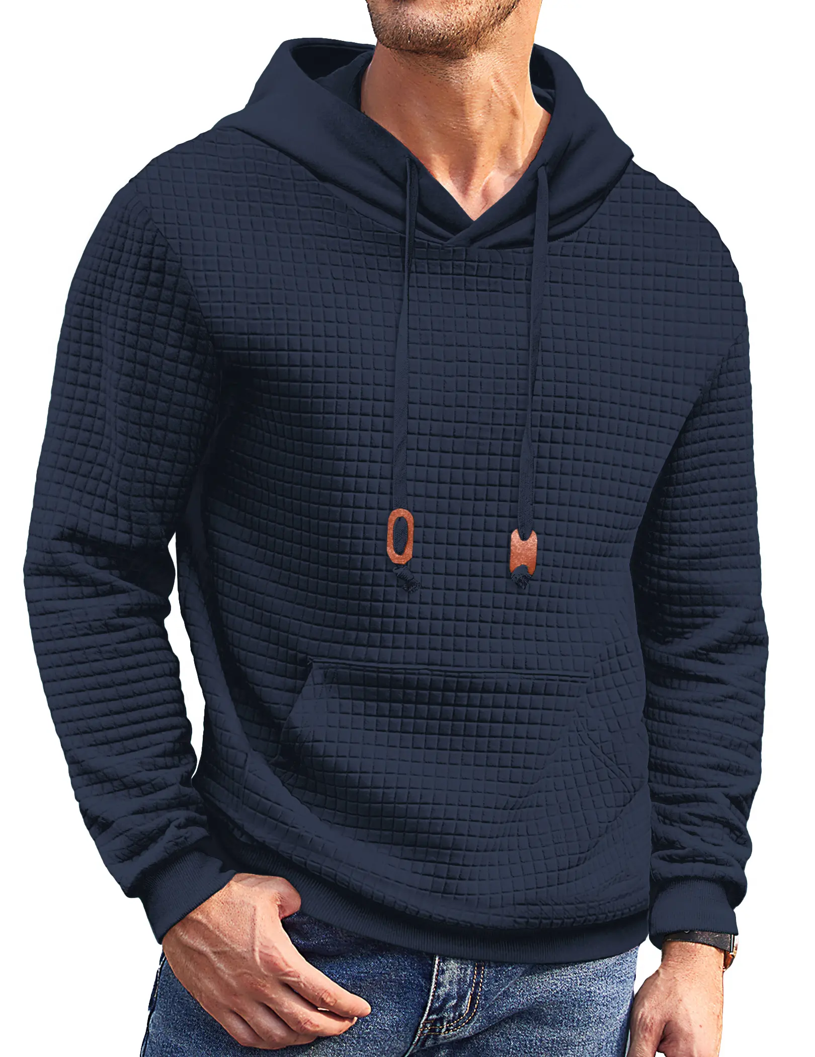 COOFANDY Men's Hooded Sweatshirt Long Sleeve Fashion Gym Athletic Hoodies Solid Plaid Jacquard Pullover with Pocket Classic Menswear hoodie Wool Beige