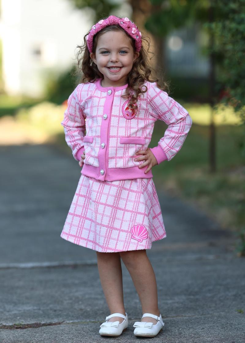 Disney Frozen Elsa Stitch Moana Minnie Toddler Girls 2 Piece Set Pearl Buttoned Knit Top Tweed Skirt Outfit for Kids Aged 2-7