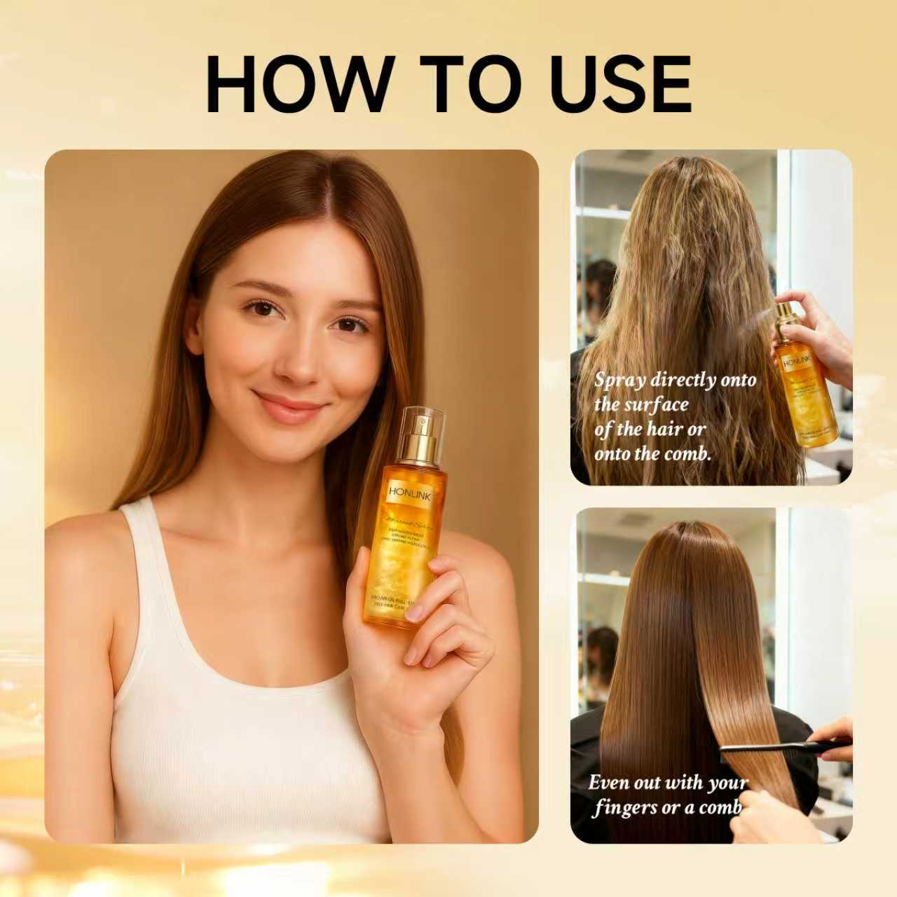 HONLINK 90ml Gold Shimmer Multi-Effect Leave-In Hair Spray ,for All Hair Types, Heat Protection, Detangling & Frizz Control, Infused with Rosemary & Argan Oil, Color Safe, Vegan HONLINK 90ml Gold Shimmer Multi-Effect Leave-In Hair Spray ,for All Hair Types, Heat Protection, Detangling & Frizz Control, Infused with Rosemary & Argan Oil, Color Safe, Vegan