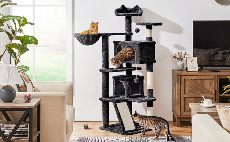 【Valentine Gift】Yaheetech 54"/57''/63"/79"/82" Cat Tree Multilevel Cat Tower with 2 Condos & Dangling Ball & Round Platform & Ladder