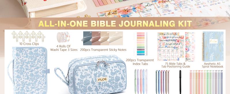 FLOE Bible Study Supplies Journaling Kit for Women with Bible Cover Case, Christmas Christian Gifts for Women, Bible Study Tools Accessories Set with Highlighters Pens, Pencil Case Notebook Annotation Kit