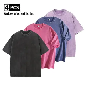 4Pcs 240G Women's And Men's Oversized T-Shirt Acid Washed 100% Cotton Crewneck Tee Soft Fabric Loose Fit Basic Tops for Summer Streetwear
