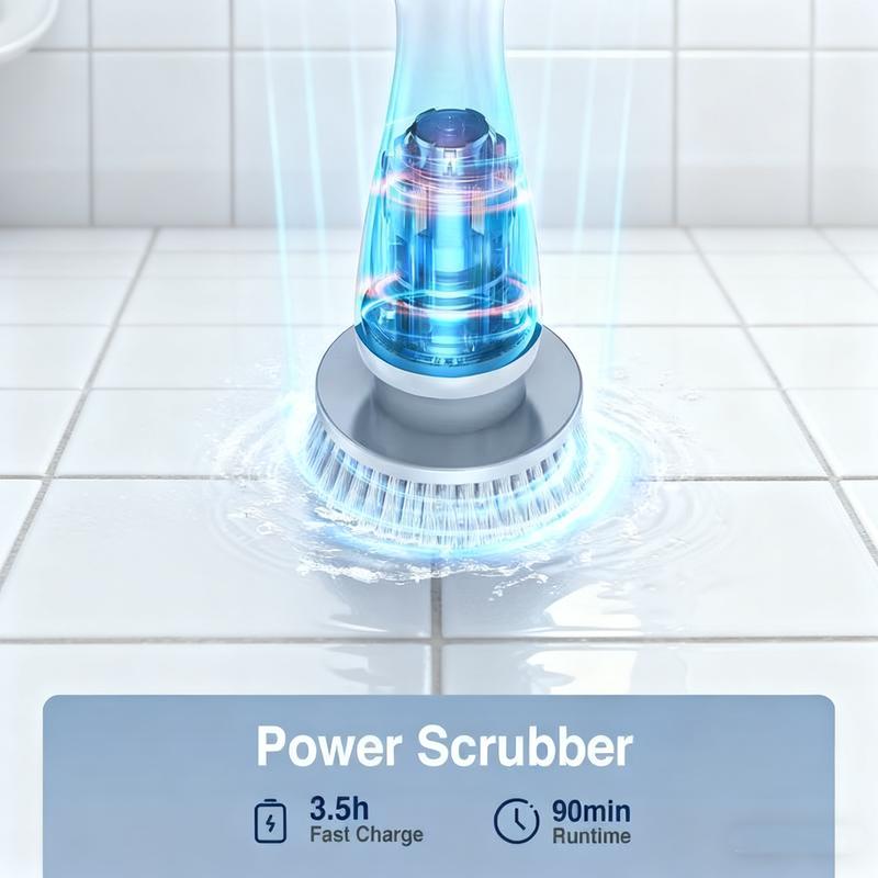 Electric Spin Scrubber, Cordless Shower Scrubber with IPX7 Waterproof, Electric Cleaning Brush, Multi-Surface Use Bathroom Cleaner and Shower Brush, Long Battery Life, Adjustable Speed & Extendable Handle, Deep Cleaning Tool for Tiles, Tub & Floor