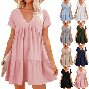 LAICIGO Women Summer Simple Style V Neck Flowy Babydoll Dress Comfy Loose Fit Short Sleeve Mini Tunic Dress Beach Dresses