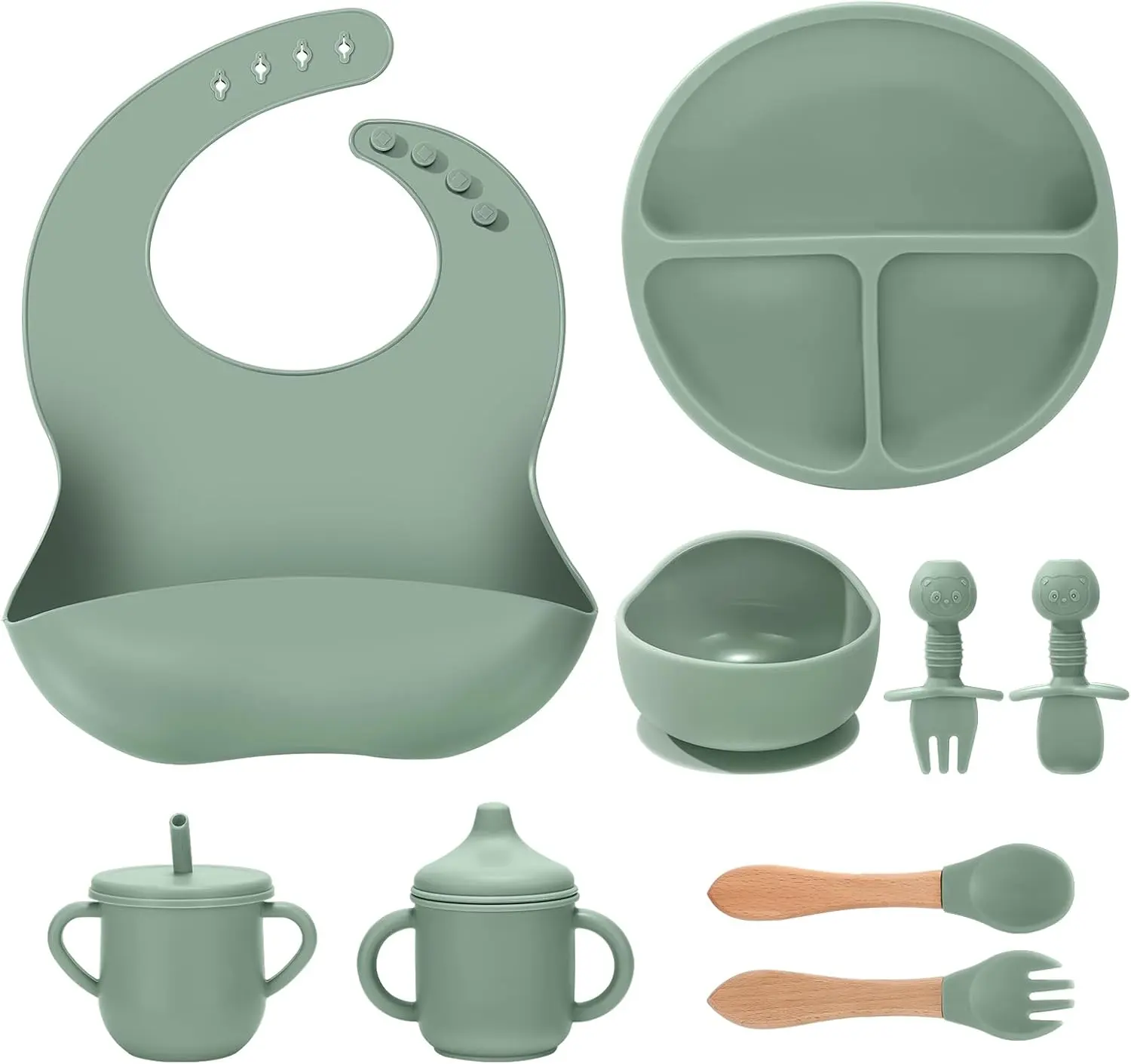 Halloween Fall Gift Silicone Baby Feeding Set 9 Pcs, Spill-Proof Suction Plate, Bowl, Bib, Silicone spoon&forks, Wooden Spoons&forks, Training cup with straw and Sippy Cup, Baby Eating Utensils