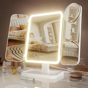 Portable LED Light Makeup Mirror, Vanity Mirror with Lights, 3-fold Foldable Rechargeable Mirror with 2x 3x & 10x Magnification, Touch Control Mirror for Travel & Bedroom Use, Rechargeable Trifold Mirror