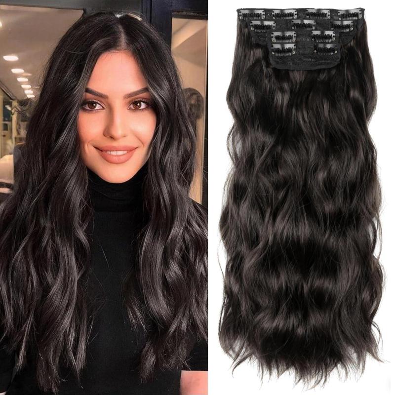 4Pcs Clip in Hair Extensions, Long Wavy Synthetic Hair Extension Clip in, 20 Inches Brown Black Hair Extensions for Women instant volume