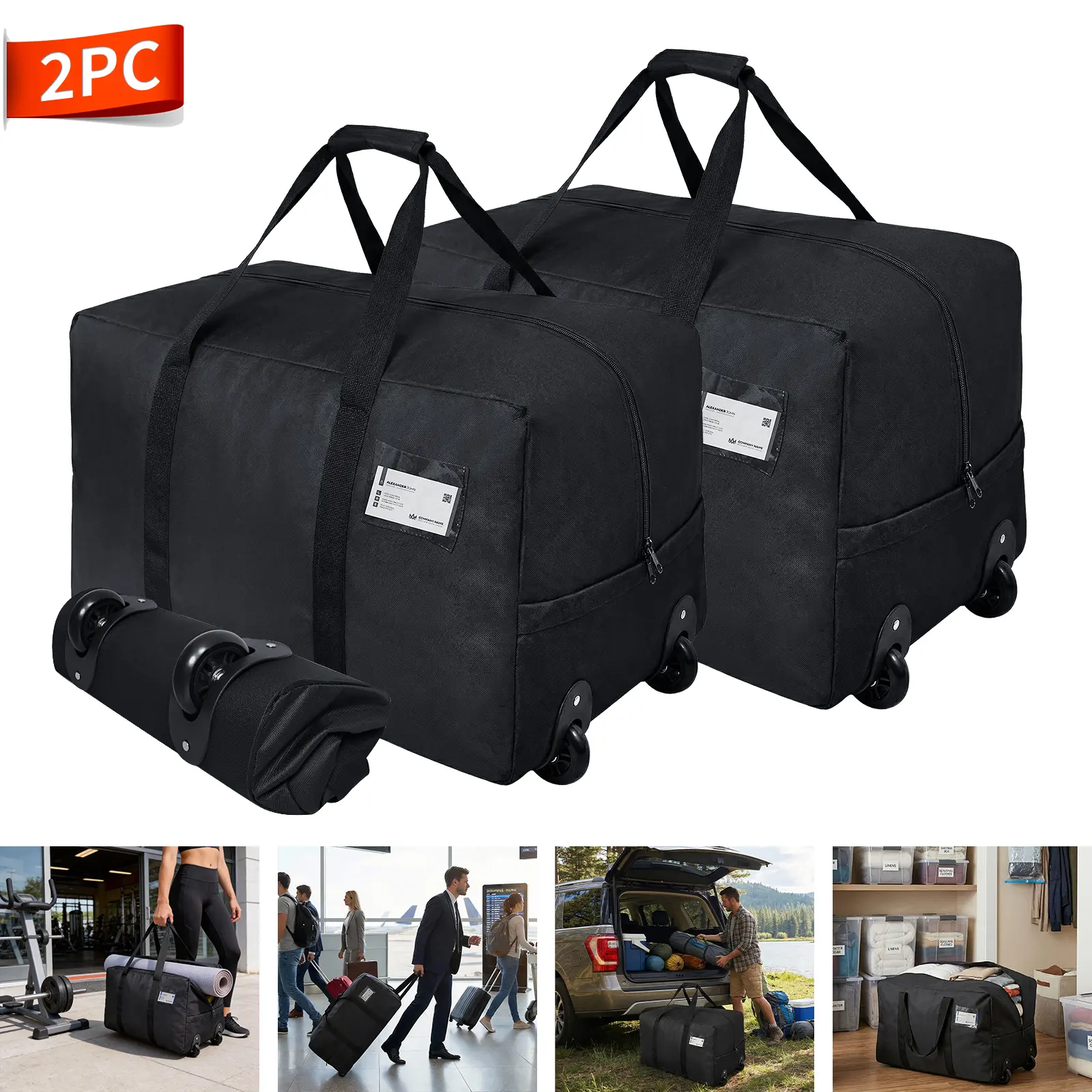 Adults' 2-Pack 92L Travel Duffle Bag Set, Heavy-Duty Ripstop Oxford Fabric Luggage with Heavy-Duty Rolling Rubber Wheels, Large Foldable Portable Comfortable and Sturdy Travel Bags for Weekend Trips, Travel Duffel Bag, Luggage Sets