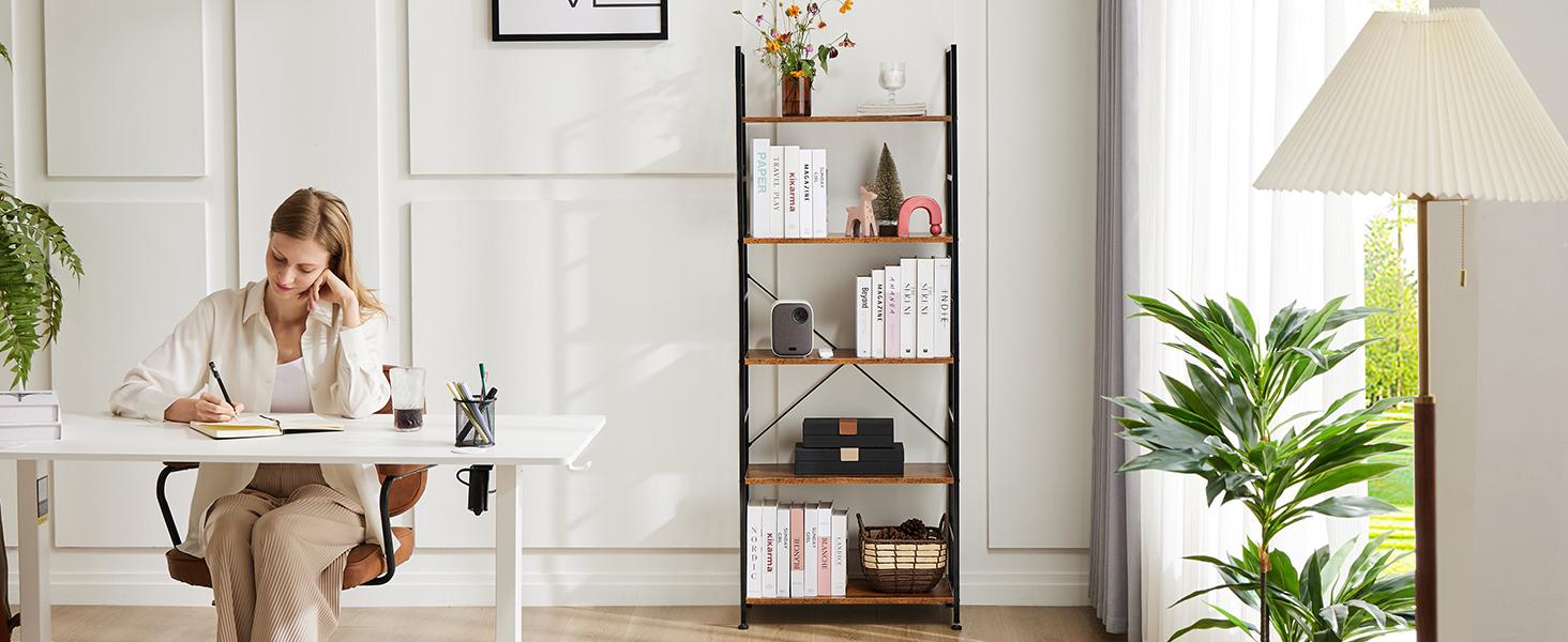 【Deal】Sweet Furniture 5 Tier Bookshelf: Modern Industrial Corner Storage Organizer for Bedroom, Home Office-Tall Bookcase for Books, Garage Kit, CDs, Movies