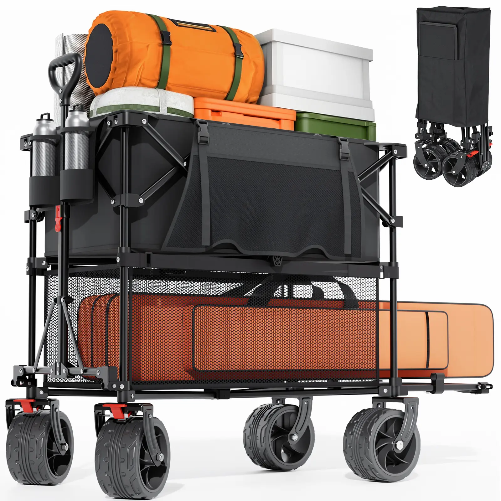 Heavy Duty Alloy Steel Double Decker Folding Wagon Cart - 500LBS Capacity, 400L Foldable Utility Cart with Extendable Tailgate, All-Terrain Wheels, Brake System, Outdoor Beach Wagon for Camping, Shopping, Load Transport