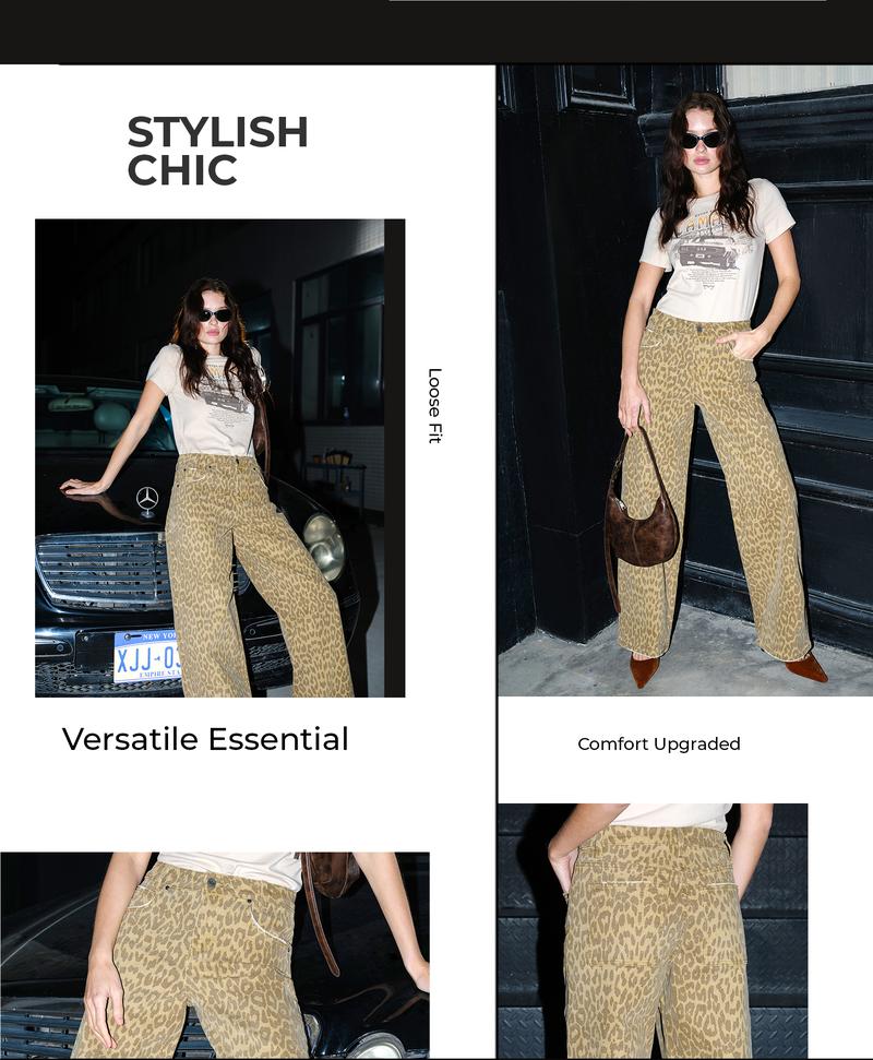 High-Mid Waisted Relaxed Straight High Stretchy Pants Leopard Print Design Comfortable Fabric Womeswear Bottoms Pants