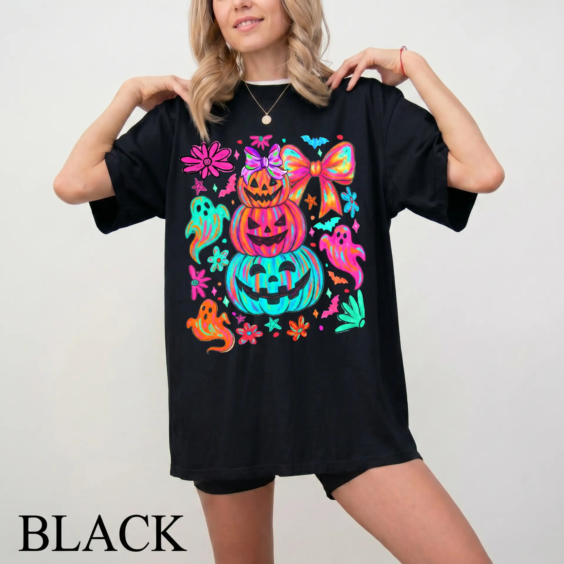Women's Unisex Casual Fit Halloween T-Shirt - Preppy Neon Pumpkin, Coquette Bow, Fall Bat, Girly Spooky, Cute Tops