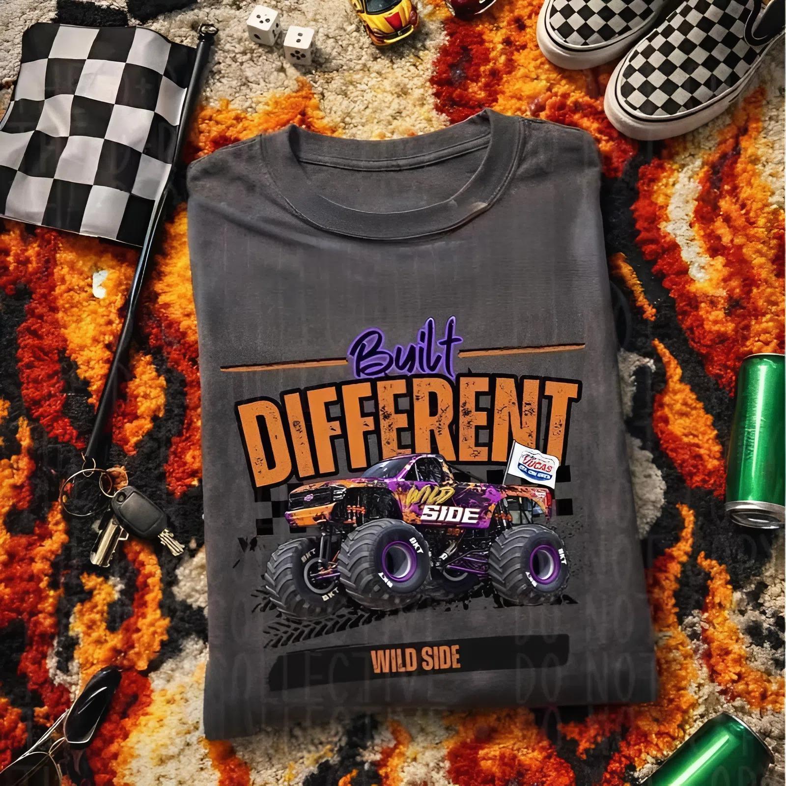 Youth and Adult Built Different Wild Side Monster Truck T-Shirt, Racing Checkered Graphic Tee, Monster Jam shirt, Monster Truck shirt, Off-Road Motorsports Tee, Monster Truck Fan Gift, Youth clothing, summer outfit, Racing Fan Gift