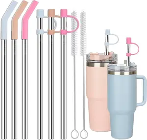 [Reusable Straw Set] 14pcs Tumblers Sparkling Reusable Straw Set with Lids for 40oz, 30oz, 20oz | Durable Plastic, Includes Cleaning Brush, Perfect for Kitchen & Dining