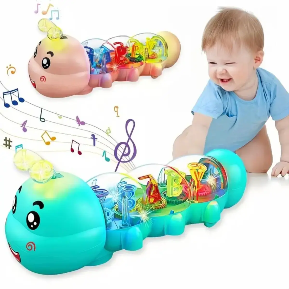 Unisex Sensory Baby Crawling Sound Toy - Cute Worm-Style, Musical Light-Up, Automotive Steering, Translucent Shell, Internal Alphanumeric Display, Learning Through Play, Baby Toddler Gifts, Sensory Products, Kids Toys, Toddler Toys