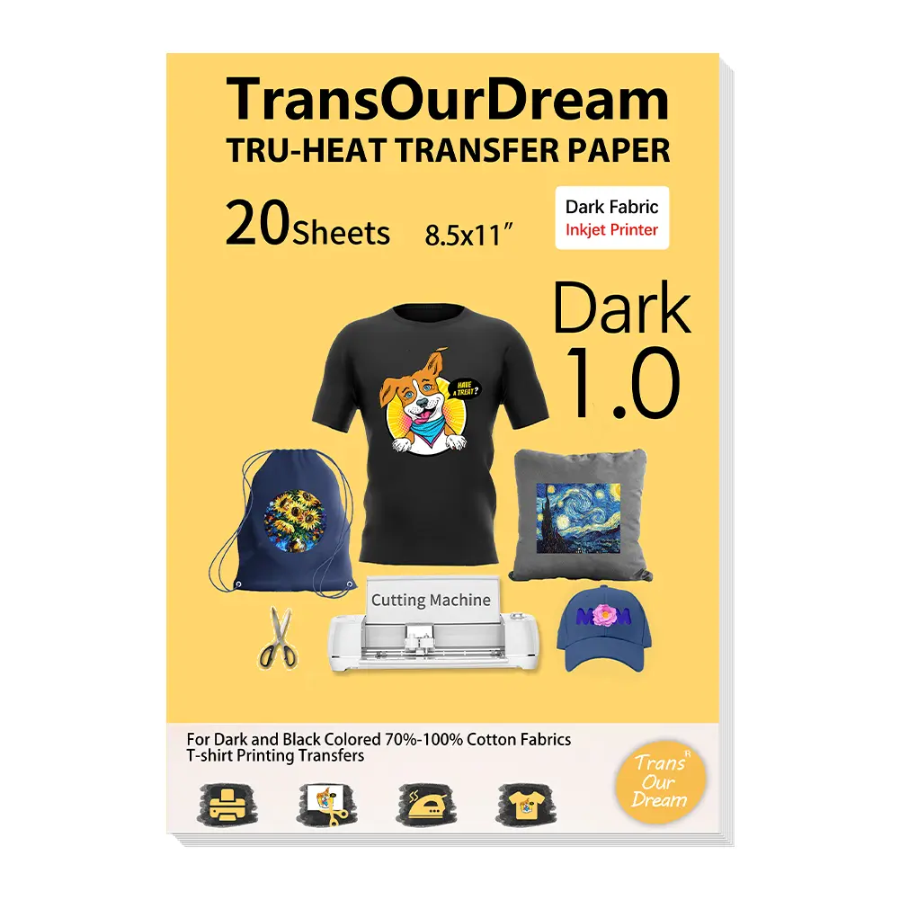 TransOurDream Stretchable Dark T-Shirt Heat Transfer Paper (20 Sheets, 8.5x11 in) - Inkjet Printer Compatible, Cut-Friendly, Beginner-Friendly DIY Crafts Supplies, Customized Craft Stuffs, Soft After Ironing, No Cracking for Family Projects