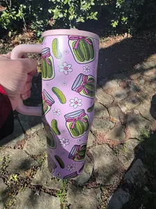 Very Cute Pickles 40 oz No Spill Lid Double Wall Insulated Stainless Steel Tumbler Pink Green Bows - So Cute