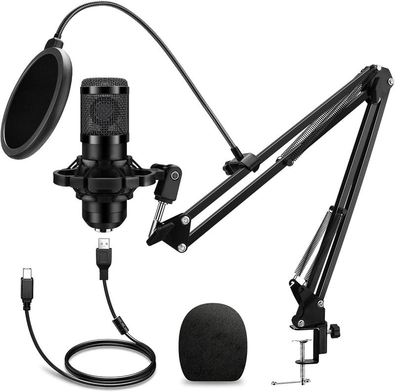 USB Microphone,Professional Microphone 192kHz/24Bit Plug & Play PC Computer Microphone Condenser Cardioid Mic Kit with Adjustable Boom Arm Stand Shock Mount,for Podcast,Streaming,Studio Recording