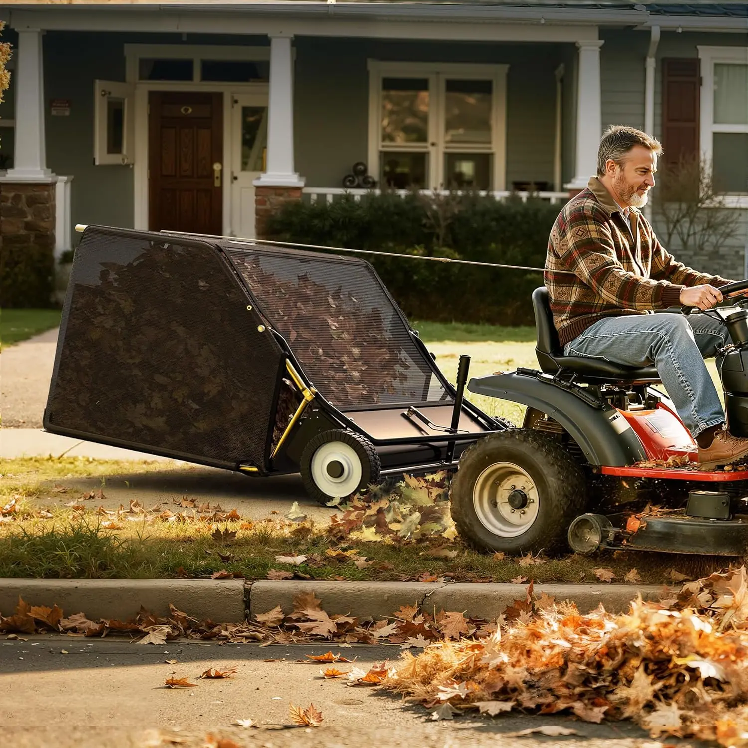 YITAMOTOR Tow-Behind Lawn Sweeper,42" / 50" Pull Behind Heavy-Duty Garden Sweeper with Hopper Bag,Grass Collector,Adjustable Brush Height,Anti-Splash Cover,Dumping Rope from Seat Handle for Yard Lawn Leaf Collector with Branch Splash-Proof Ne