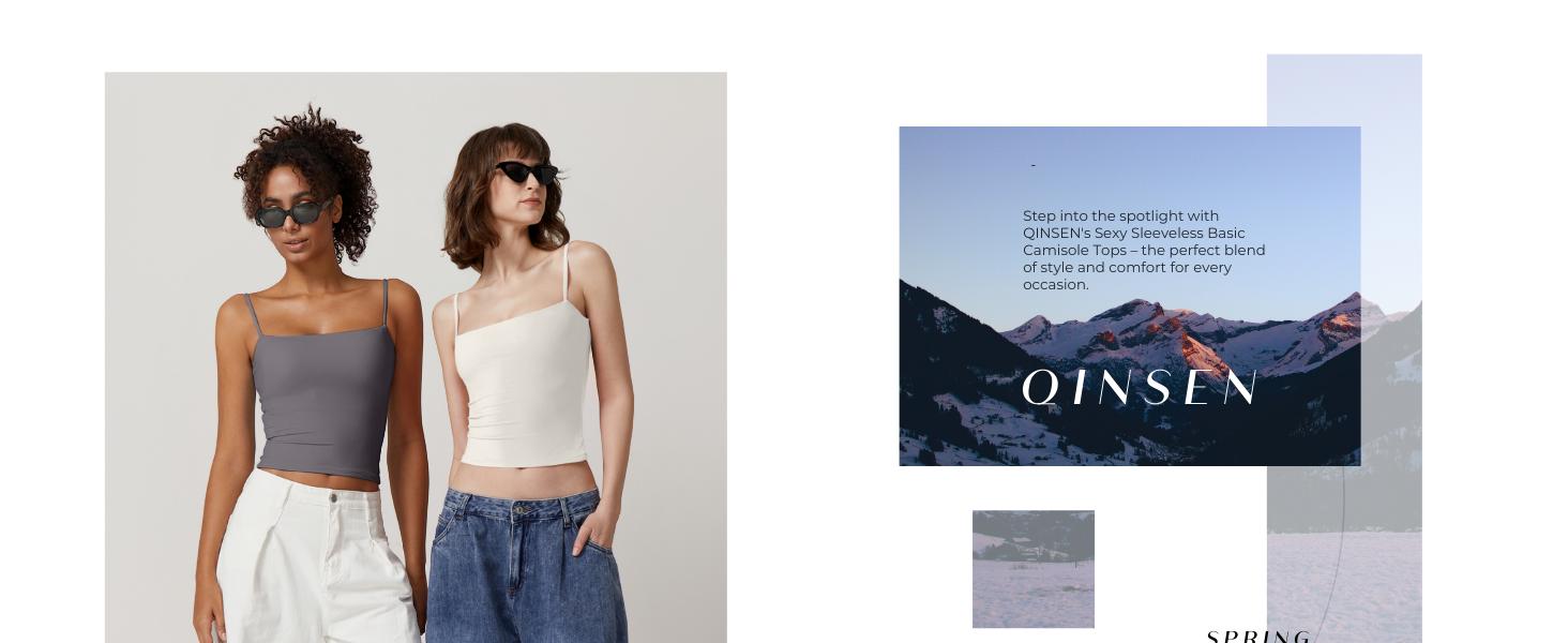 QINSEN Women's Double Lined Basic Tank Top Adjustable Spaghetti Straps Sleeveless Camisole Shirts