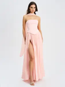 Qianna Baby Pink Peplum Drop Waist Chiffon Gown