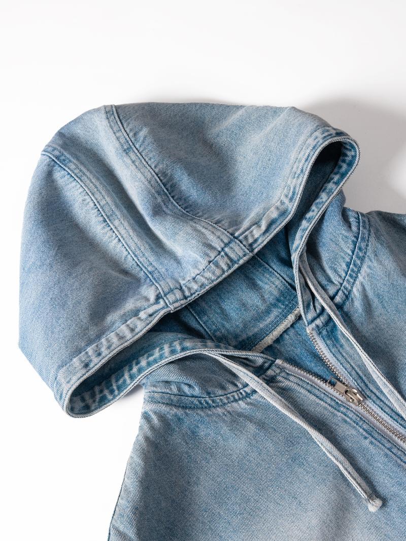 USBoutique Chic [S-5XL] Women's Half Zip Denim Hoodie Pullover Jacket Jean Tops Casual