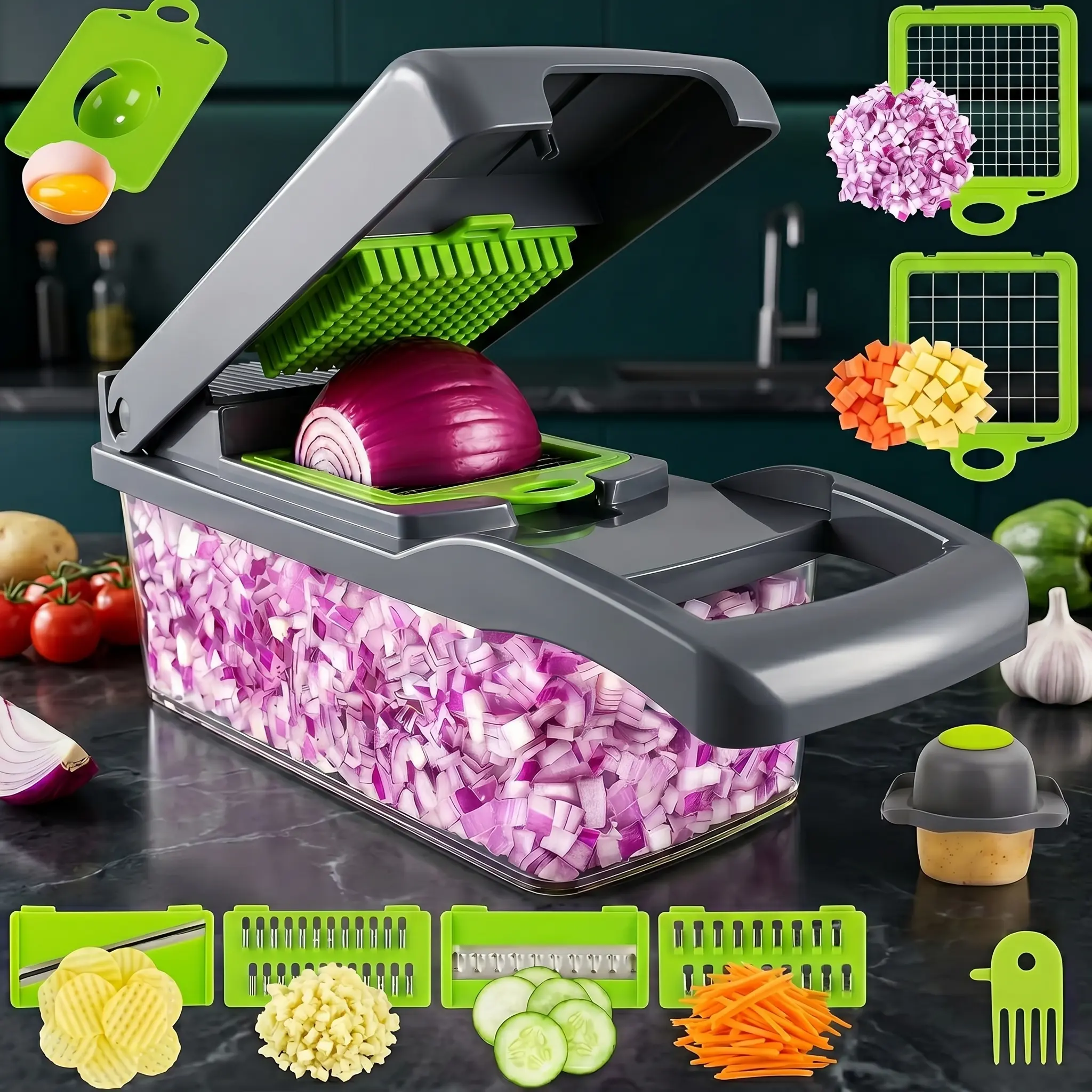 Manual Vegetable Chopper with Container, 7 Interchangeable Blades, Mandoline Slicer, Cheese Grater and Food Dicer for Fruits & Vegetables