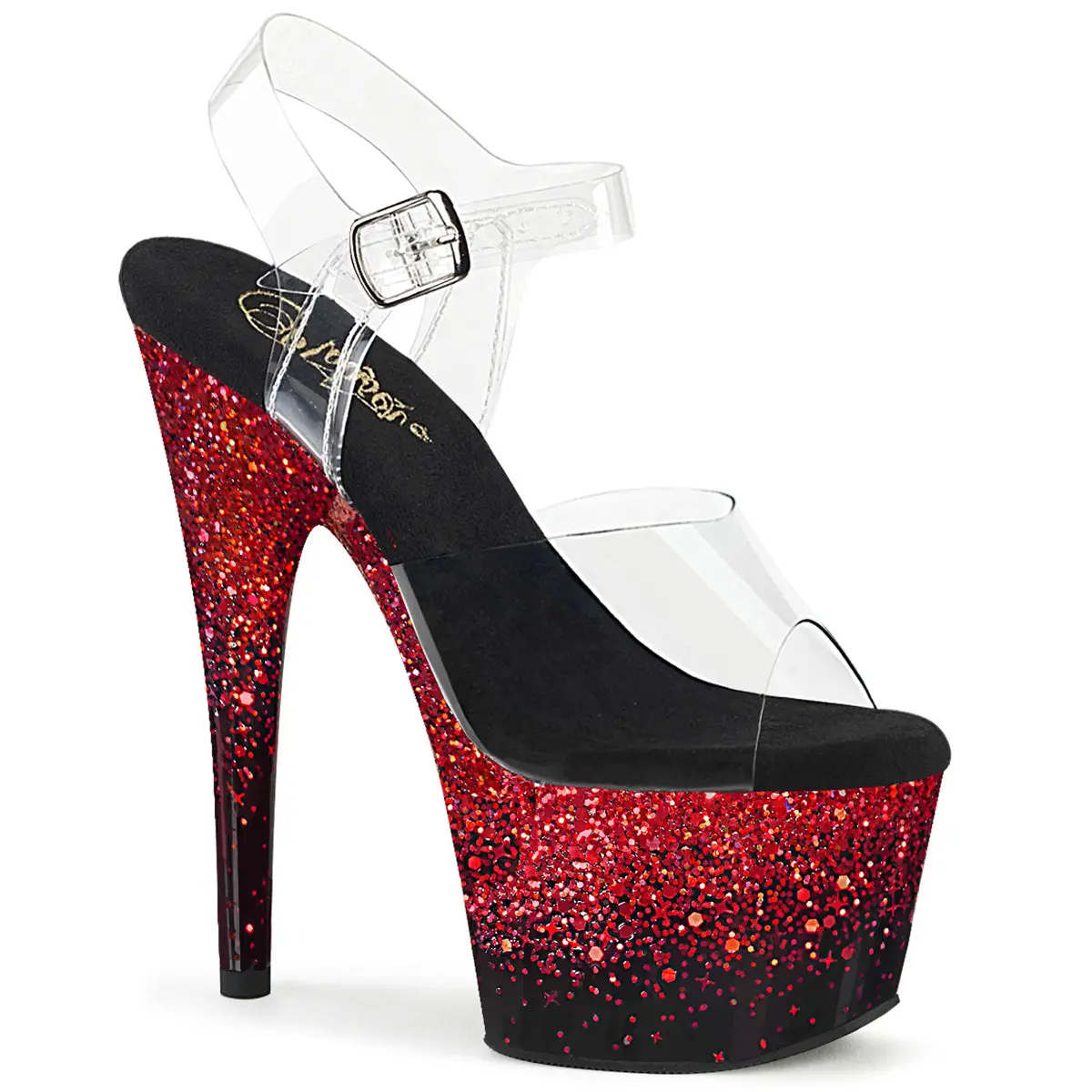 Pleaser Adore-708SS Women's Holographic Gradient Platform High Heeled Sandals - Clear/Red, Dressy Party Evening Shoes, Elegant Chic Performance Footwear for Dancers, Fashion Statement Shoes