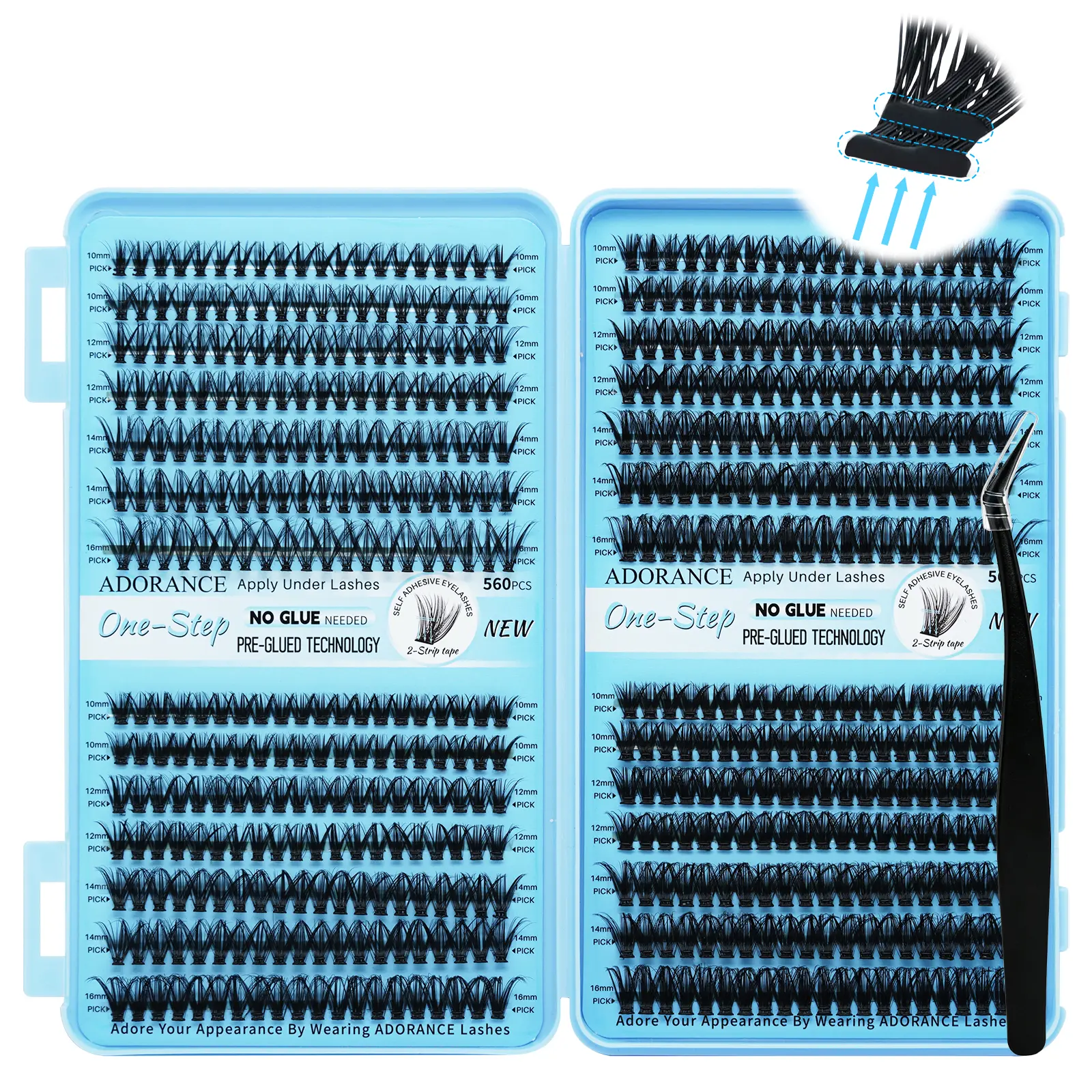 ADORANCE Pre-Glued Lash Clusters Kit 560PCS with 2-Strip Adhesive Tape, Self Adhesive Press On Lashes No Glue Needed, Natural Wispy Cluster Lashes 10-16mm with Non-Stick Applicator