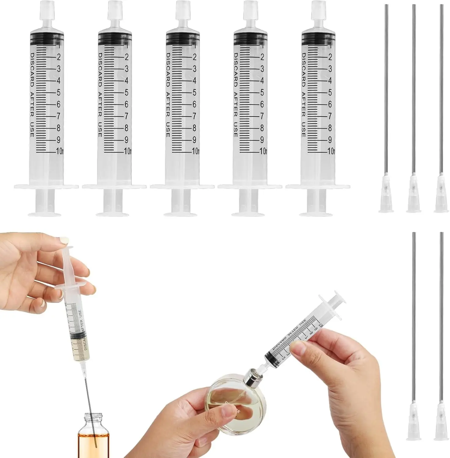 5 Pack-10ml Plastic Perfume Syringe Extracto Decanter Kit with Blunt Stainless Needle Tip, Suitable for Perfume、Ink、Pen、Printer Filling, Refillable Liquid Dispensing and Measuring.