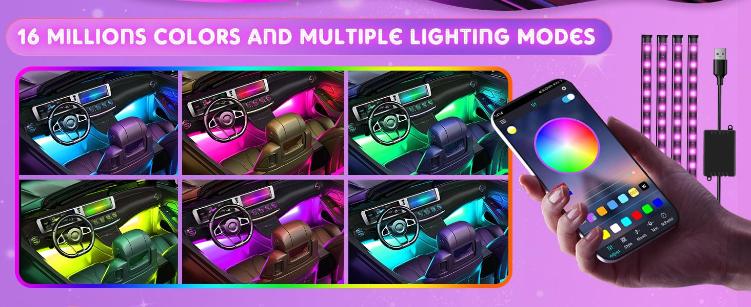 DIBMS LED Strip Lights with USB Adapter: Ambient Car Lighting Kit, App & Remote Control, Music Sync Mode, 4Pcs Strip Lights for SUVs & Trucks, 5V RGB LED Music Control Rock Lights Kit