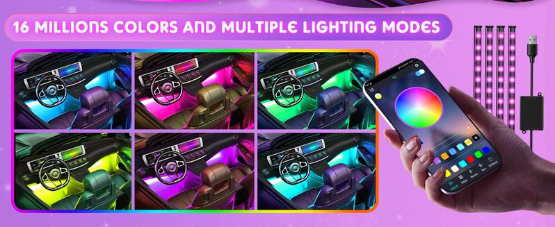 DIBMS LED Strip Lights with USB Adapter: Ambient Car Lighting Kit, App & Remote Control, Music Sync Mode, 4Pcs Strip Lights for SUVs & Trucks, 5V RGB LED Music Control Rock Lights Kit