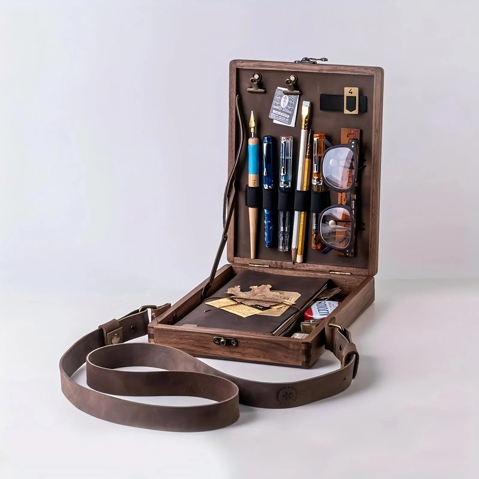 Vintage Wooden Unisex Crossbody Messenger Bag - Portable Writer's & Artist's Organizer Sketch Box with Lid for Writing Pen, Tools & Supplies, Nostalgic Souvenir Storage; Vintage Look Brings Character to Work Christmas Gift