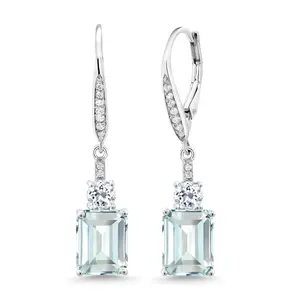 Gem Stone King Drop Dangle Gemstone Birthstone and White Topaz Earrings for Women | 925 Sterling Silver | Emerald Cut 9X7MM | Fine Jewelry Gifts for Her Mom Anniversary Wedding
