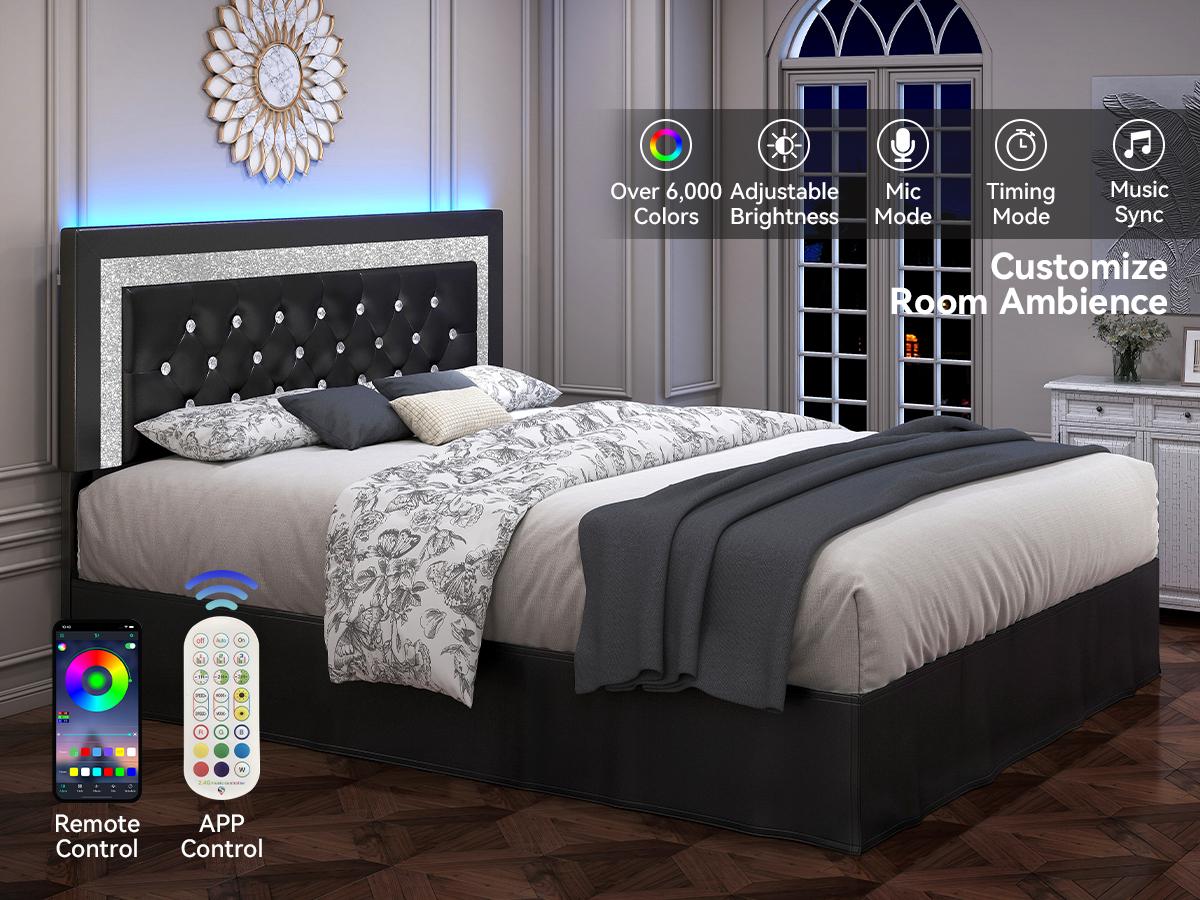 [Summervibes] Queen Bed Frame with LED Lights & Adjustable Headboard - Diamond Tufted Upholstered Frame with Wooden Slats - Full bed frame with mattress - Black/White/Grey summergarden