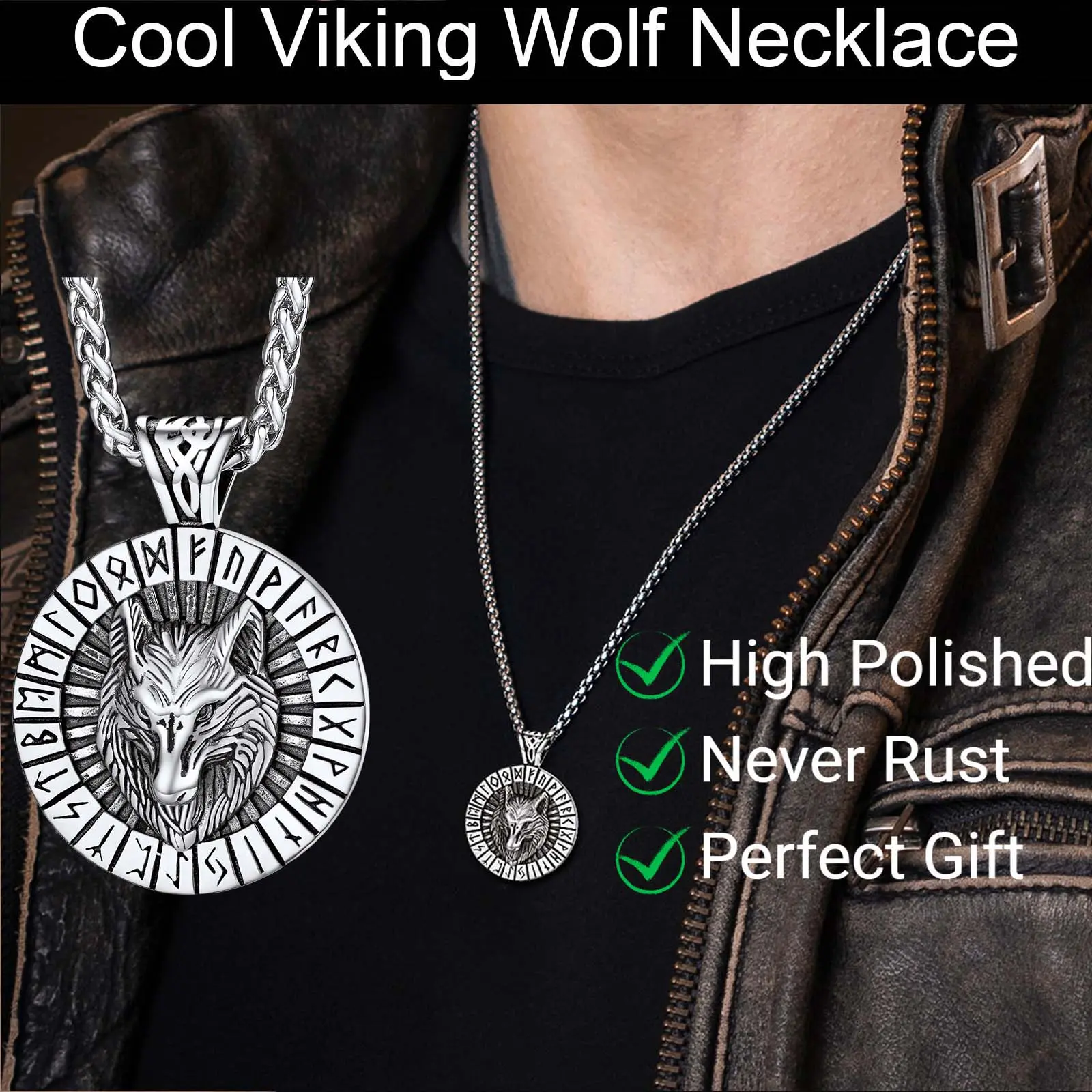FaithHeart Viking Wolf Rune Amulet Necklace for Men Women, High Polished 316L Stainless Steel Norse Pendant for Everyday Wear, Jewelry, Necklaces, Amulet Pendant, Classical Artificial Gemstone Necklaces & Pendants