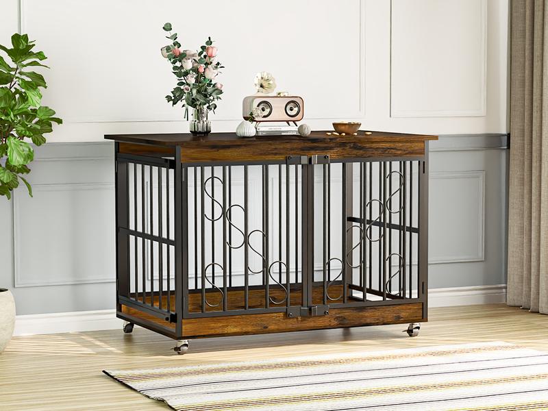 【TreasureFinds】COZPAW  Dog Crate Furniture 48 Inch Wooden Heavy Duty Dog Kennel with Lockable Wheels for Medium/Large Dogs, Three Doors Cage   (Brown)