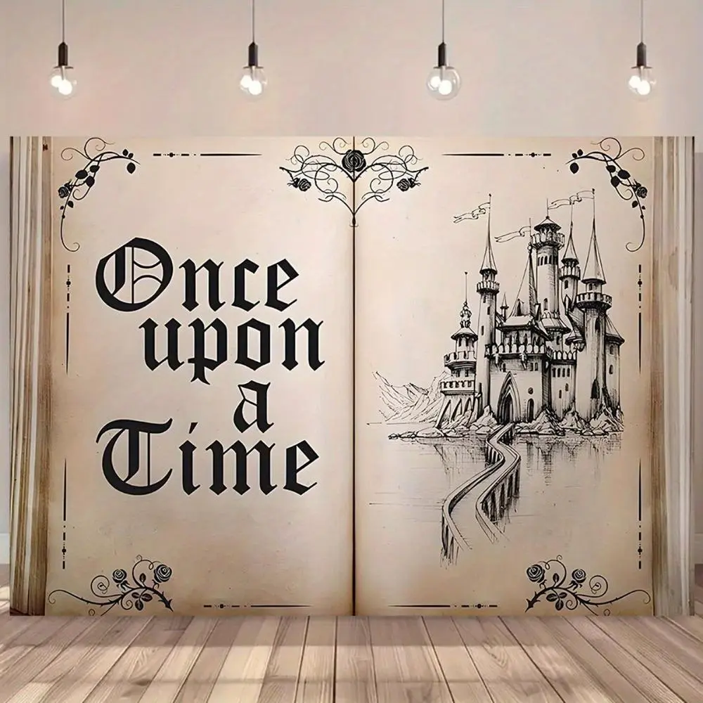 Printed 1-Piece Enchanted Storybook Castle Background Banner, Polyester Floral Festive Storybook Theme Decor with Whimsical Fairy Tale Illustration & "Once Upon a Time" Text, for Happy Birthday Ceremony, Photo Booths