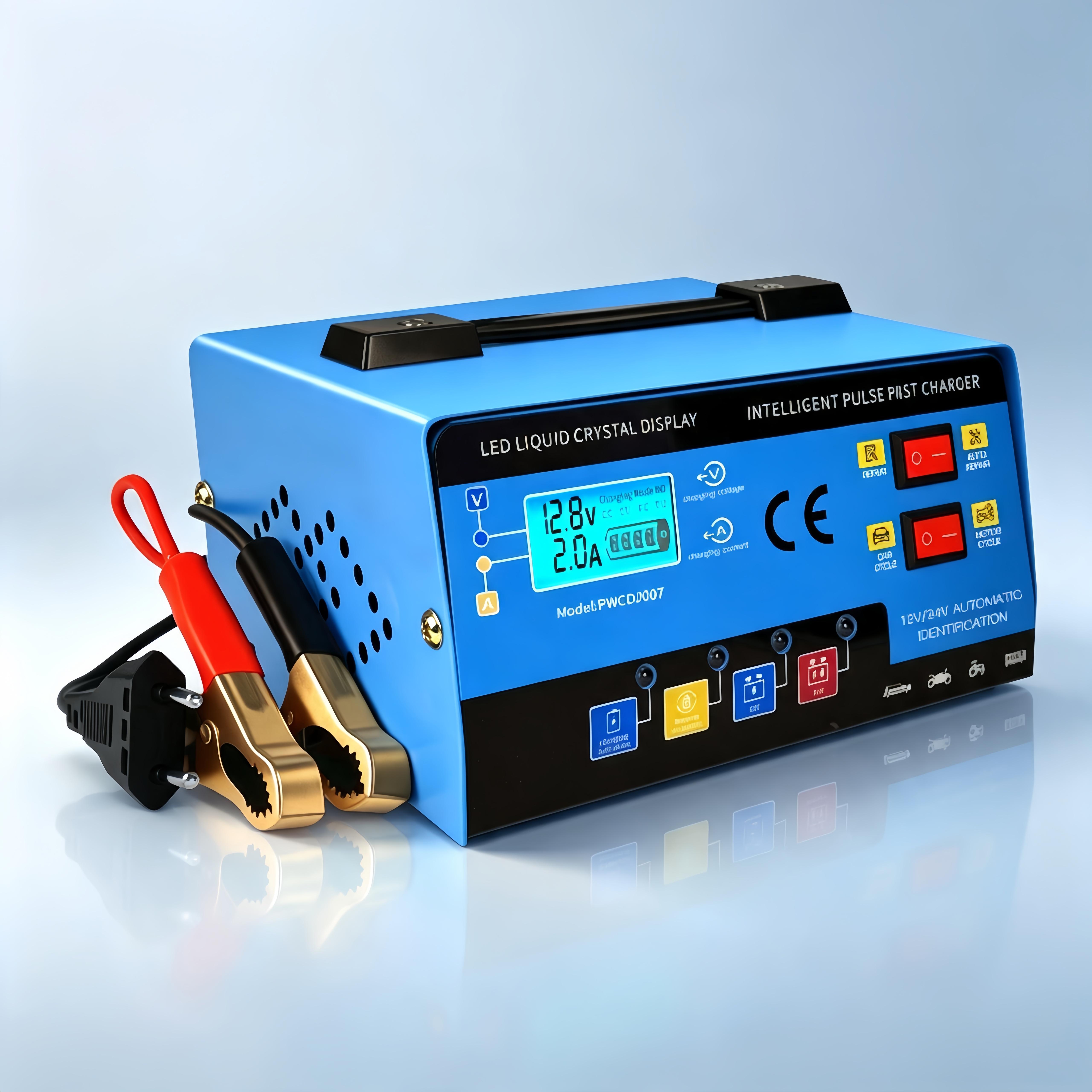 12V-24V Compact Plug-In Smart Pulse Multi-Vehicle Battery Charger Unit with LCD Display, Auto-Detect Desulfator, Full Charge Auto-Stop, Multi Safety Protection, Kill Switch, Extension Cable for Cars/Motorbikes， power， alternator tester
