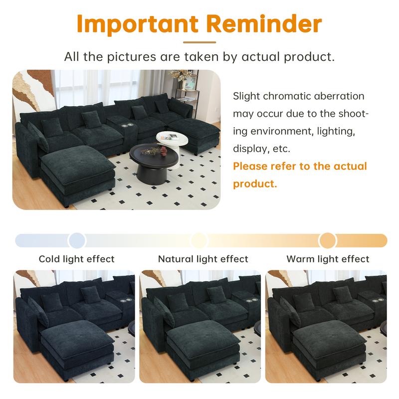 144" U-Shaped Sectional Cloud Couch – Modern Chenille Modular Sofa Set with 6 Seats, Movable Ottoman, Cup Holders & Hidden Storage Console, Comfy Fluffy Black Grey Sectional Sofa for Living Room or Apartment 20.27“ Seat Height