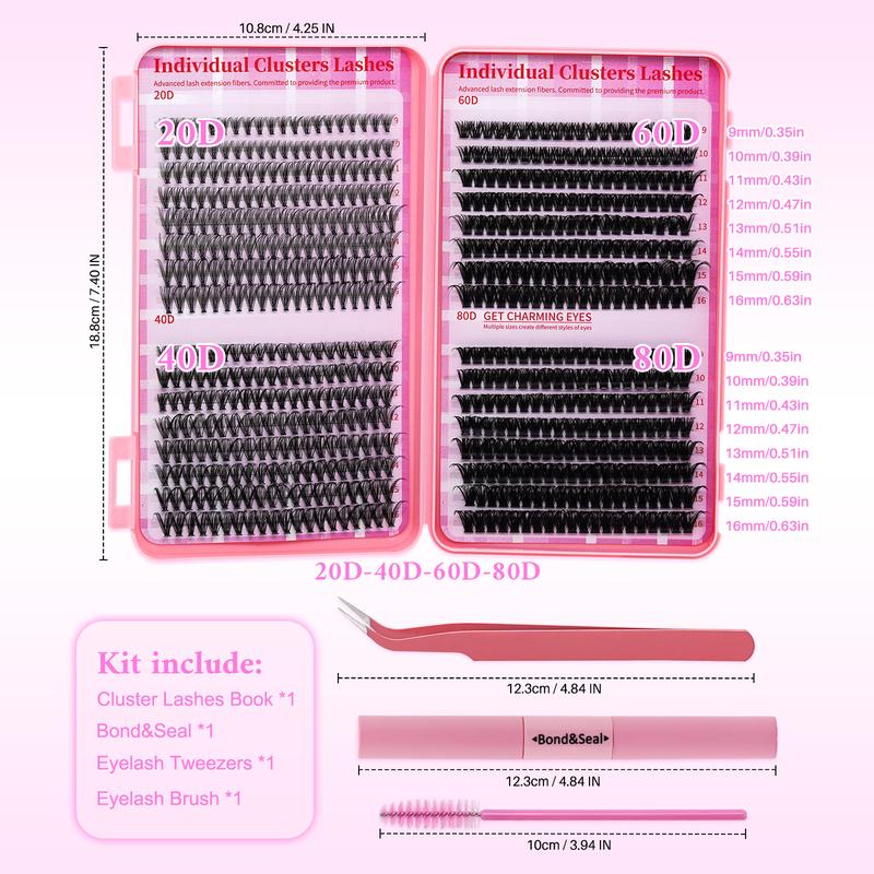 640PCS 20D40D60D80D Individual False Cluster Book Kit High Capacity Individual Lashes 9-16mm Mixed D Curl Natural Look Wispy Soft And Comfortable False Eyelashes Long-Lasting Individual Lashes Kit With Lash Bond&Seal And Tweezers And Lash Brush