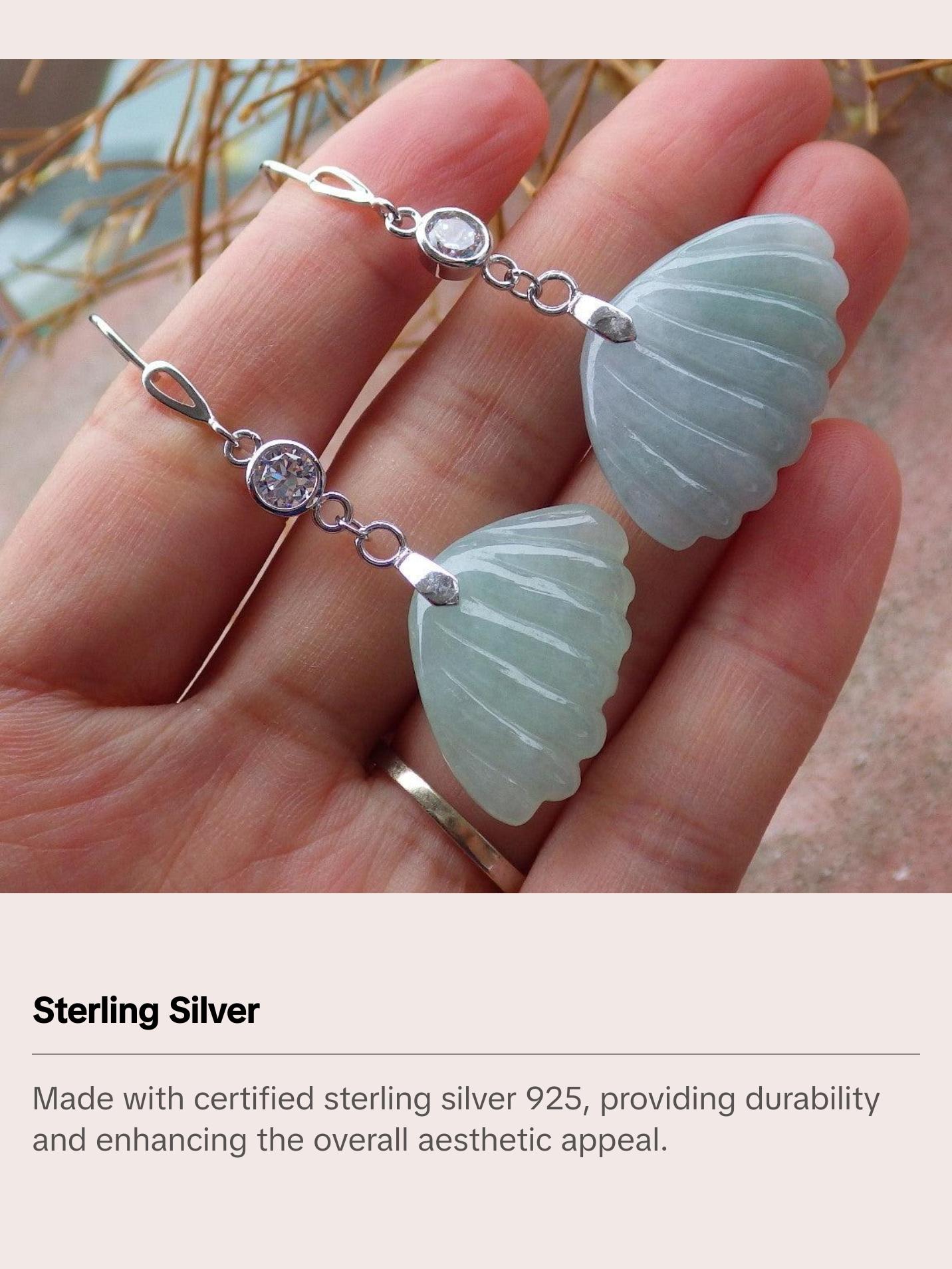 Certified Sterling Silver 925 100% Green Natural Myanmar Burma Hand Carved A Jade Jadeite Sea Shell Dangle Earring Earrings