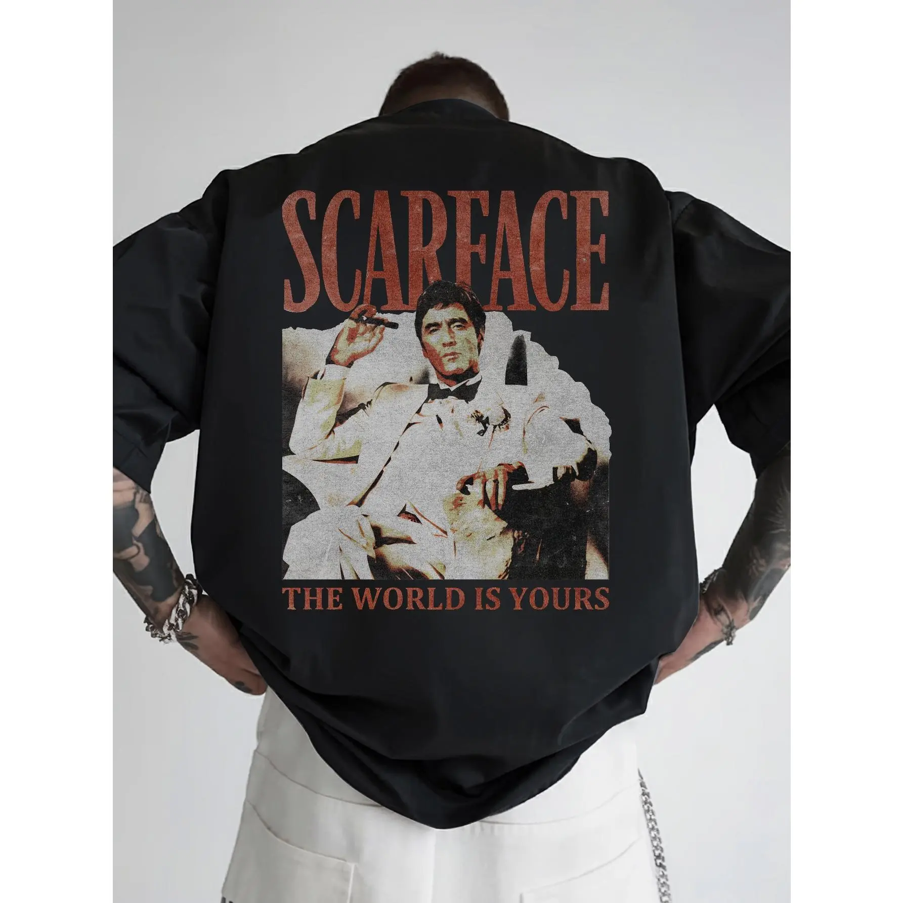 [Hot Streetwear Item] Scarface "The World Belongs to You" Retro Distressed Print Oversized Black Short-Sleeve Shirt - Retro movie pattern hip-hop aesthetic, unisex, Y2K street style casual summer outfit................