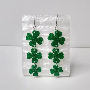 #503 Triple Green Glitter  Four Leaf Clovers Earrings, Casual, St. Patrick's Day, Irish, Luck, Acrylic