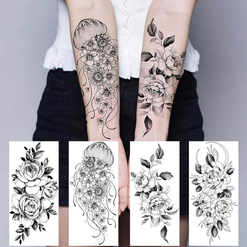 64 Sheets Long Lasting Flower Temporary Fake Tattoos For Women Arm Neck, Jellyfish Sunflower Moon Rose For Adults Girl, 3D Temp Realistic Snake Tatoo Stickers Serpent Peony Floral Kids