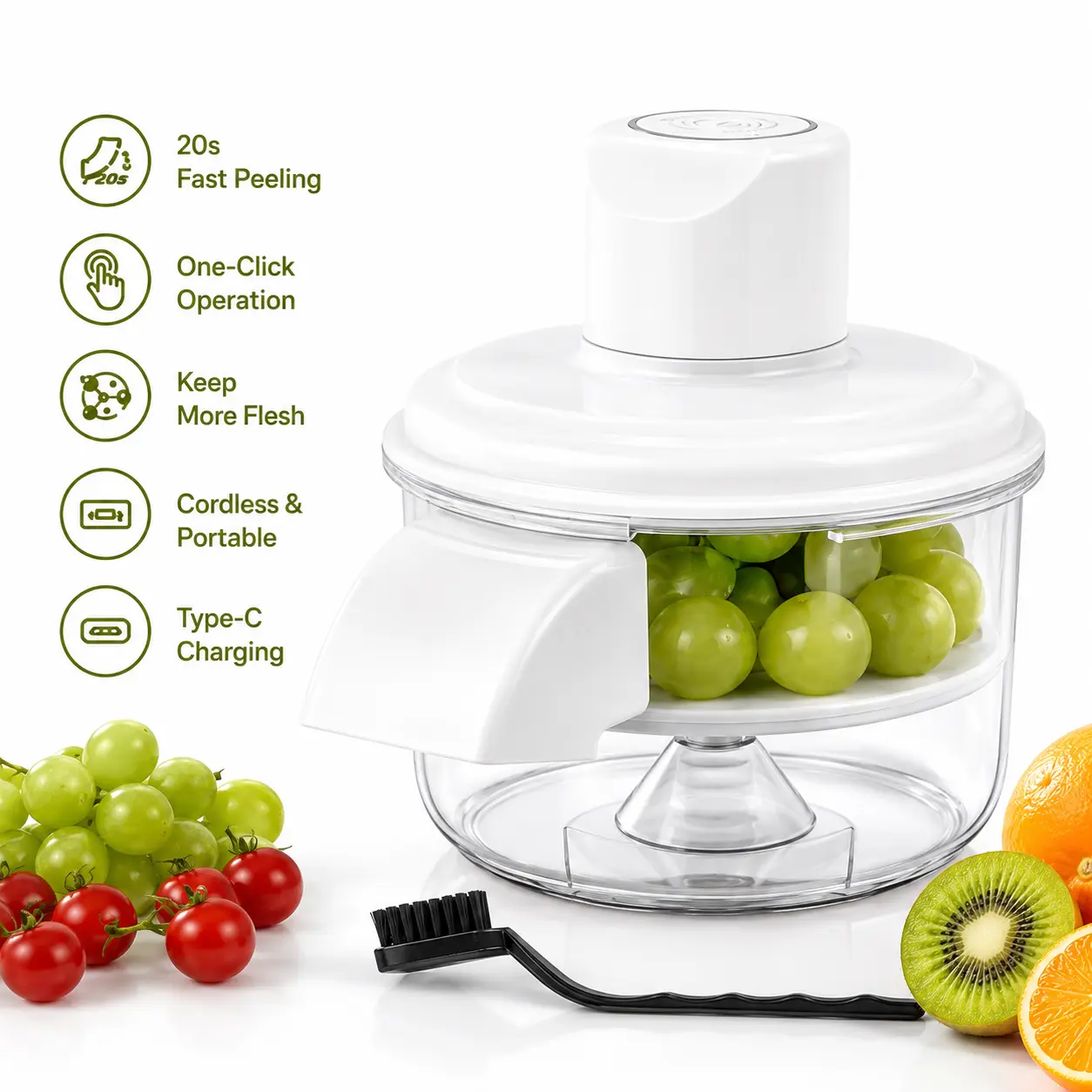 Cordless Electric Fruit & Vegetable Peeler, One-Touch Automatic Peeling Machine with Type-C Rechargeable Design, Portable Kitchen Tool for Grapes, Cherry Tomatoes, Garlic, Plums & Small Produce, Easy to Clean