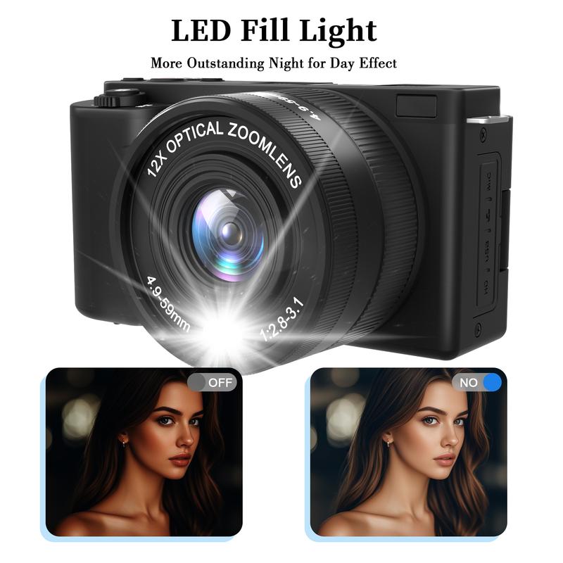 Portable Retro Camera,64MP vlogging camera with WiFi,4K Digital camera flip screen travel Camera,12X Optical Zoom ,camera microphone,64GB SD Card,Summer gift Outdoorfun