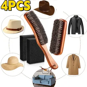 4pcs Horsehair Brush Collection, Featuring Long Handle And Large Fabric Brush with Felt Pads, Lint And Dust Cleaner for Suits, Hats, Furniture, And Shoe Care Kit car cleaning