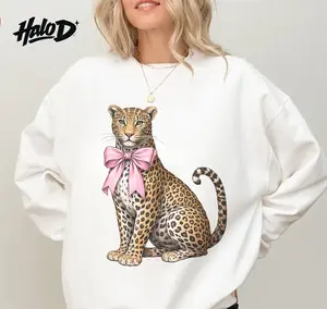 Coquette Leopard Pink Bow Shirt Cute Aesthetic Animal Graphic Tee Women Trendy Bow Leopard Sweatshirt Hoodie