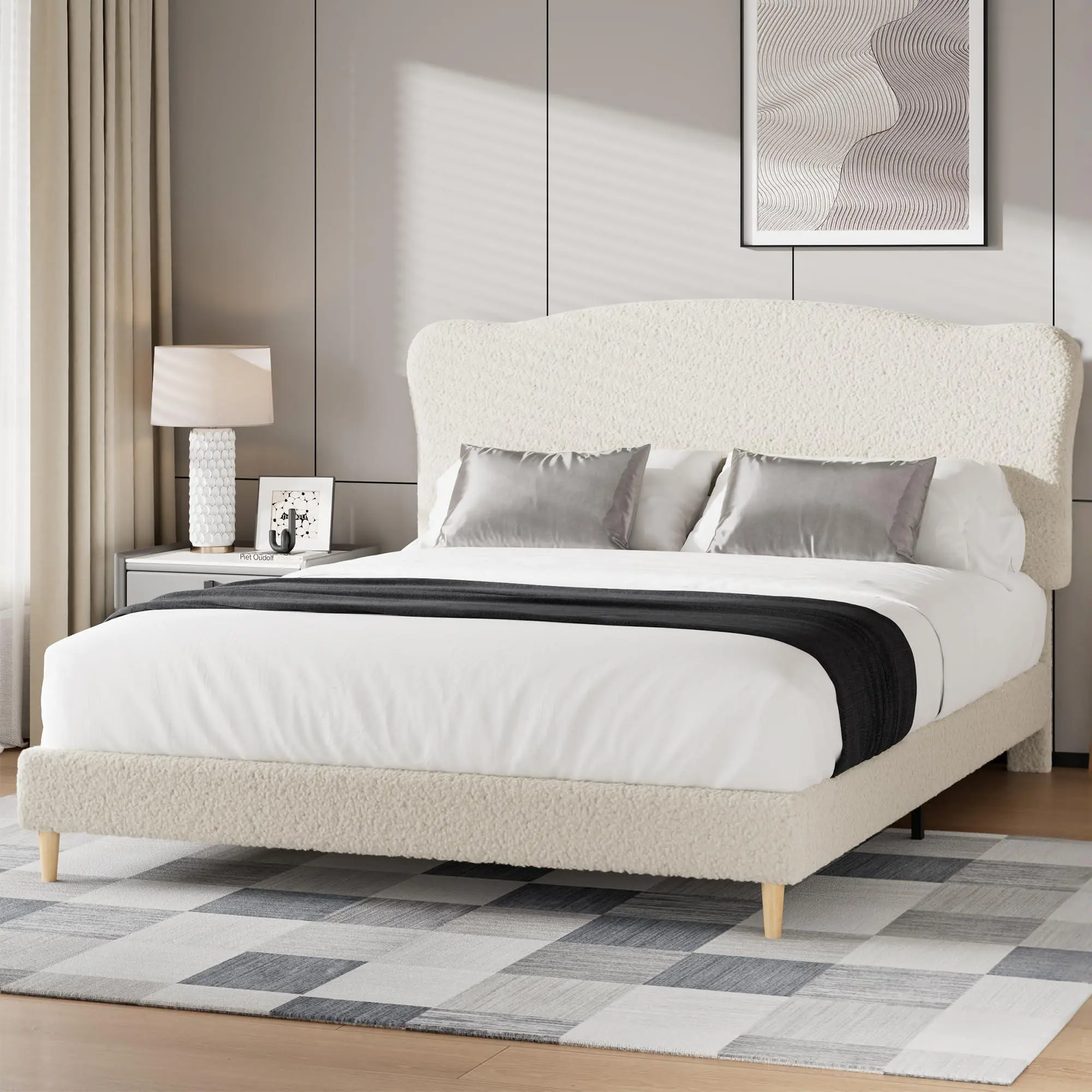 Boucle Fabric Beige Queen Size Upholstered Headboard Wood Platform Bed with Base - Modern, Low Profile, Rounded Corners, Irregular Loops & Curls, Extra Thick Noise-Free Slats, Reinforced Hardware, No Box Spring Needed, Assembly Required, Sturdy